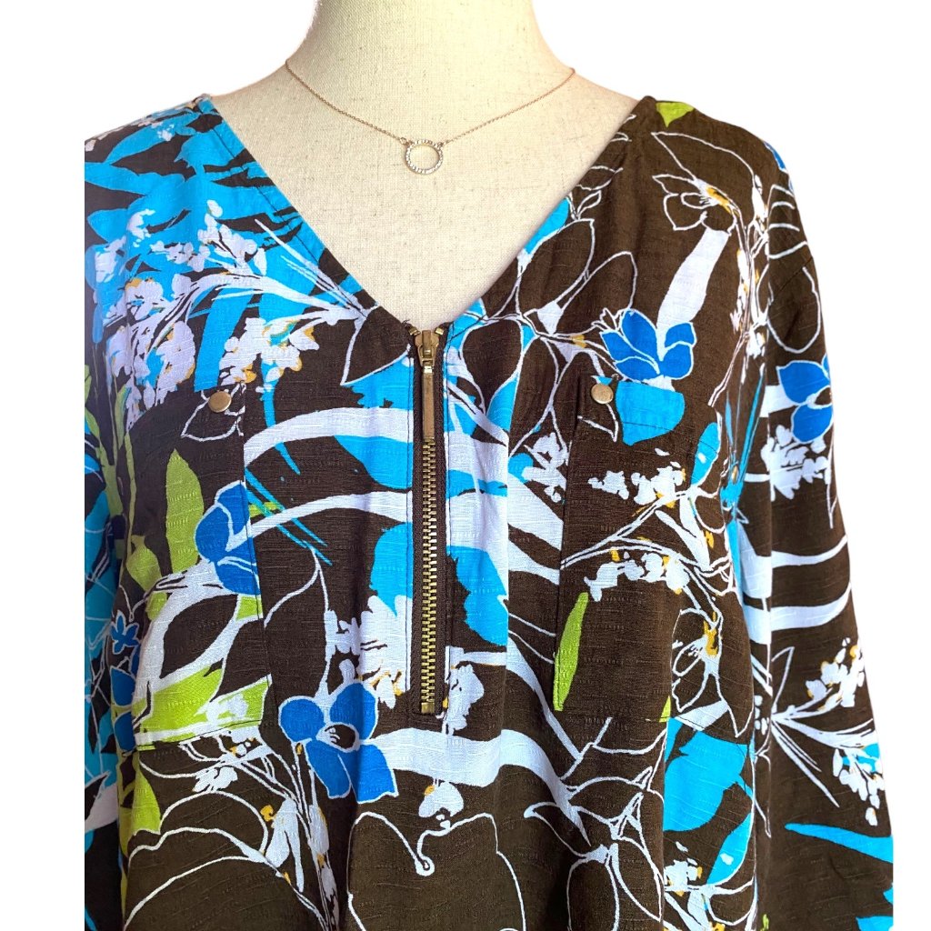 East 5th Top Women Xl Brown Floral Quarter Zip 3/4 Sleeve Casual Work To Weekend
